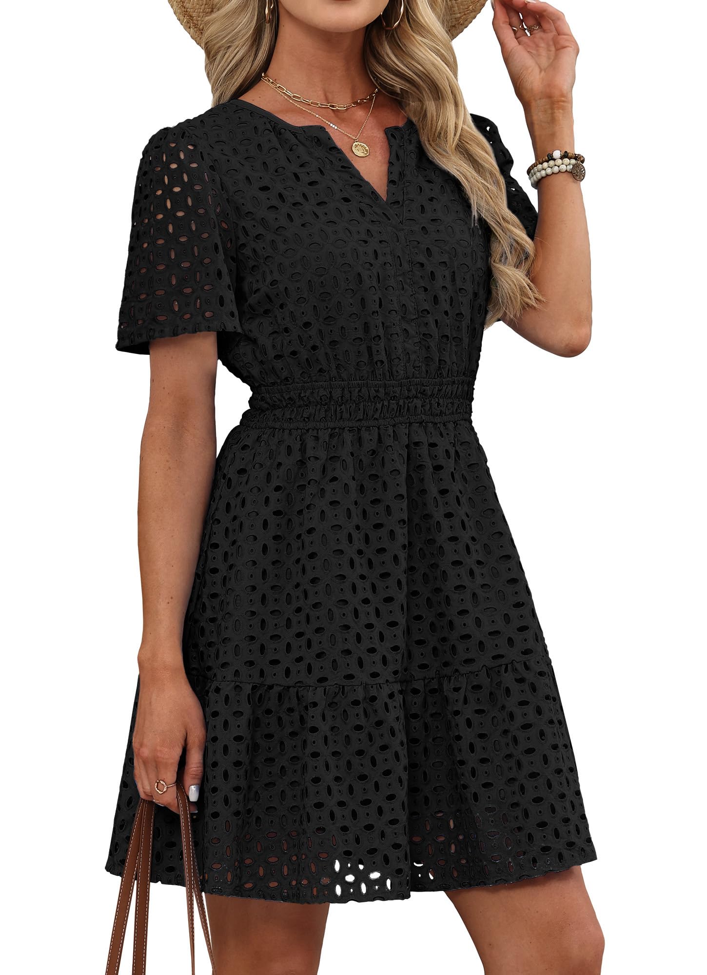 RUMIA Womens Dresses 2026 Summer V Neck Eyelet Lace A Line Short Dress