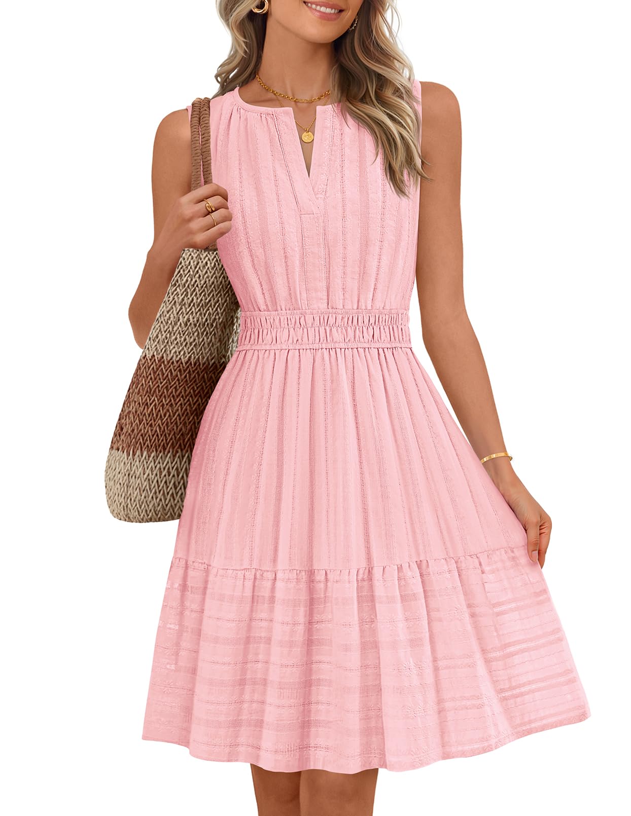 MEROKEETY Women's 2026 Summer Casual Mini Sundress Beach Vacation Sleeveless V Neck Flowy A Line Dress with Pockets