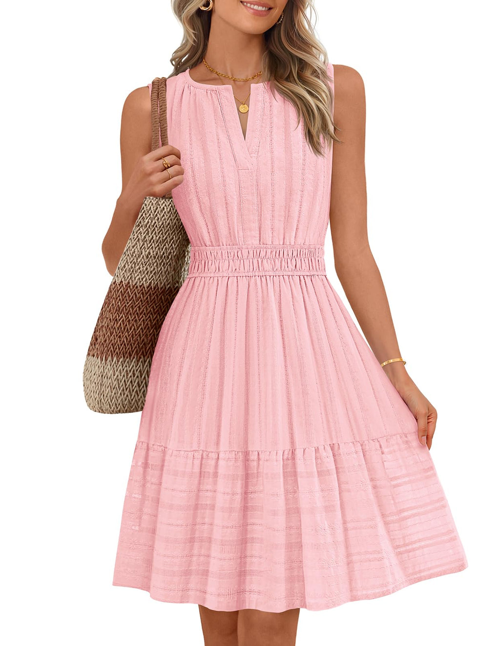 MEROKEETY Women's 2026 Summer Casual Mini Sundress Beach Vacation Sleeveless V Neck Flowy A Line Dress with Pockets