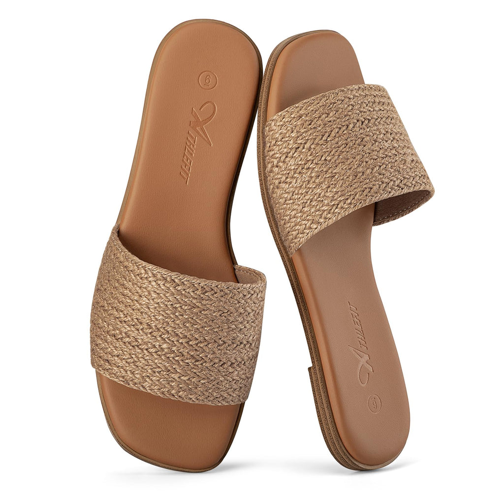 Athlefit Flat Sandals for Women Summer Raffia Square Toe Comfortable Slip On Dressy Casual Slide Sandals for Beach Travel