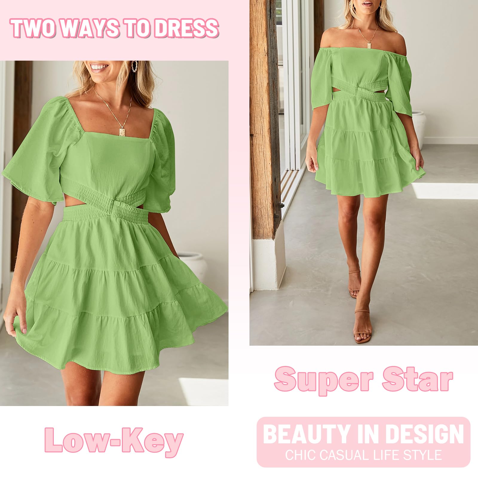 Senllen Womens Summer Dresses 2026 Short-Sleeve Square Neck Mini Dress Crossover Elastic Waist Casual Party Tiered Dress