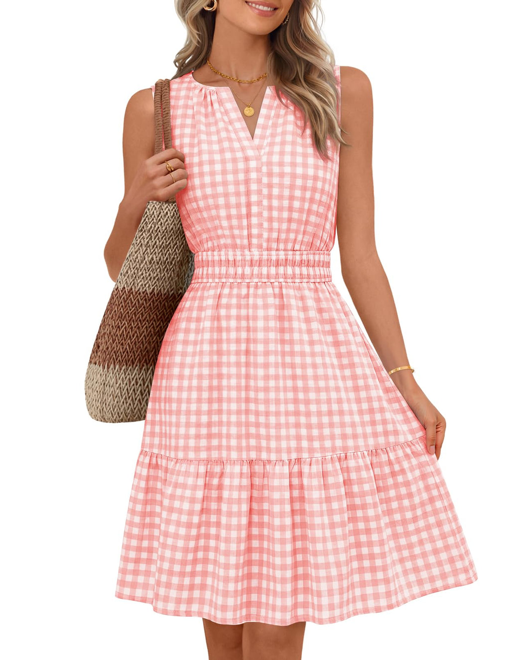 MEROKEETY Women's 2026 Summer Casual Mini Sundress Beach Vacation Sleeveless V Neck Flowy A Line Dress with Pockets