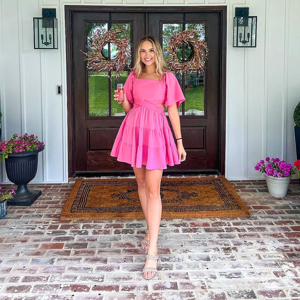 Senllen Womens Summer Dresses 2026 Short-Sleeve Square Neck Mini Dress Crossover Elastic Waist Casual Party Tiered Dress