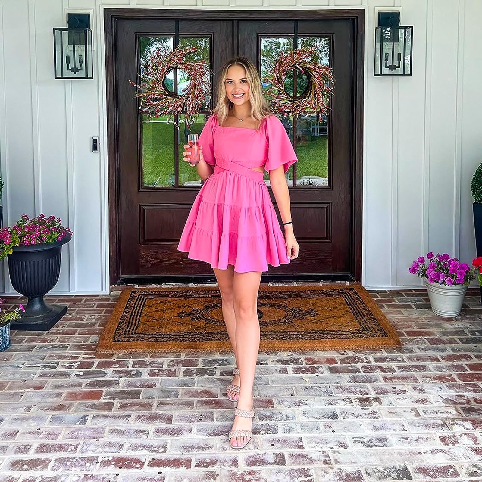 Senllen Womens Summer Dresses 2026 Short-Sleeve Square Neck Mini Dress Crossover Elastic Waist Casual Party Tiered Dress