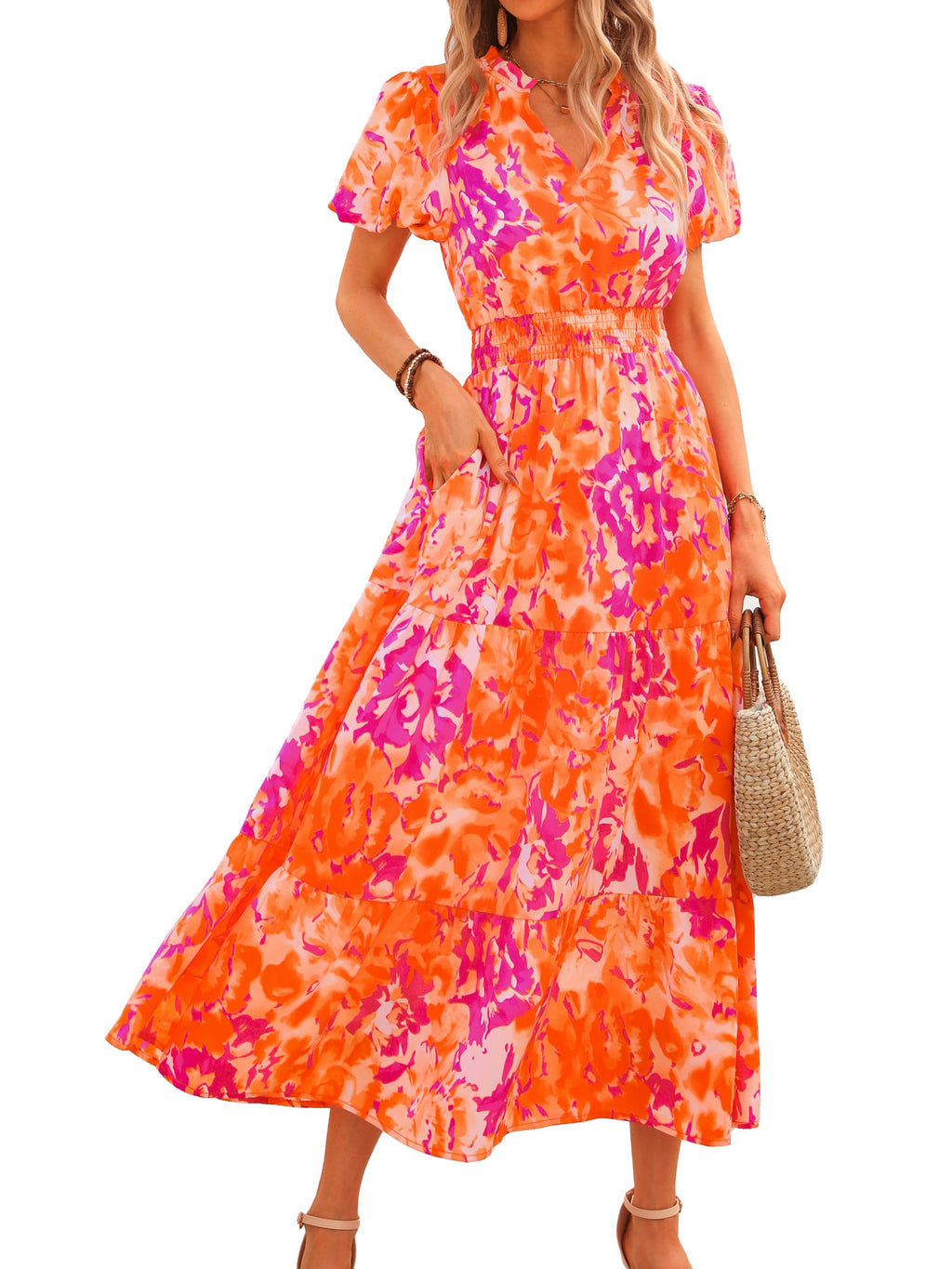 MASCOMODA Summer Maxi Dresses for Women 2026 Casual V Neck Puff Short Sleeve Smocked Flowy Beach Boho Long Floral Dress