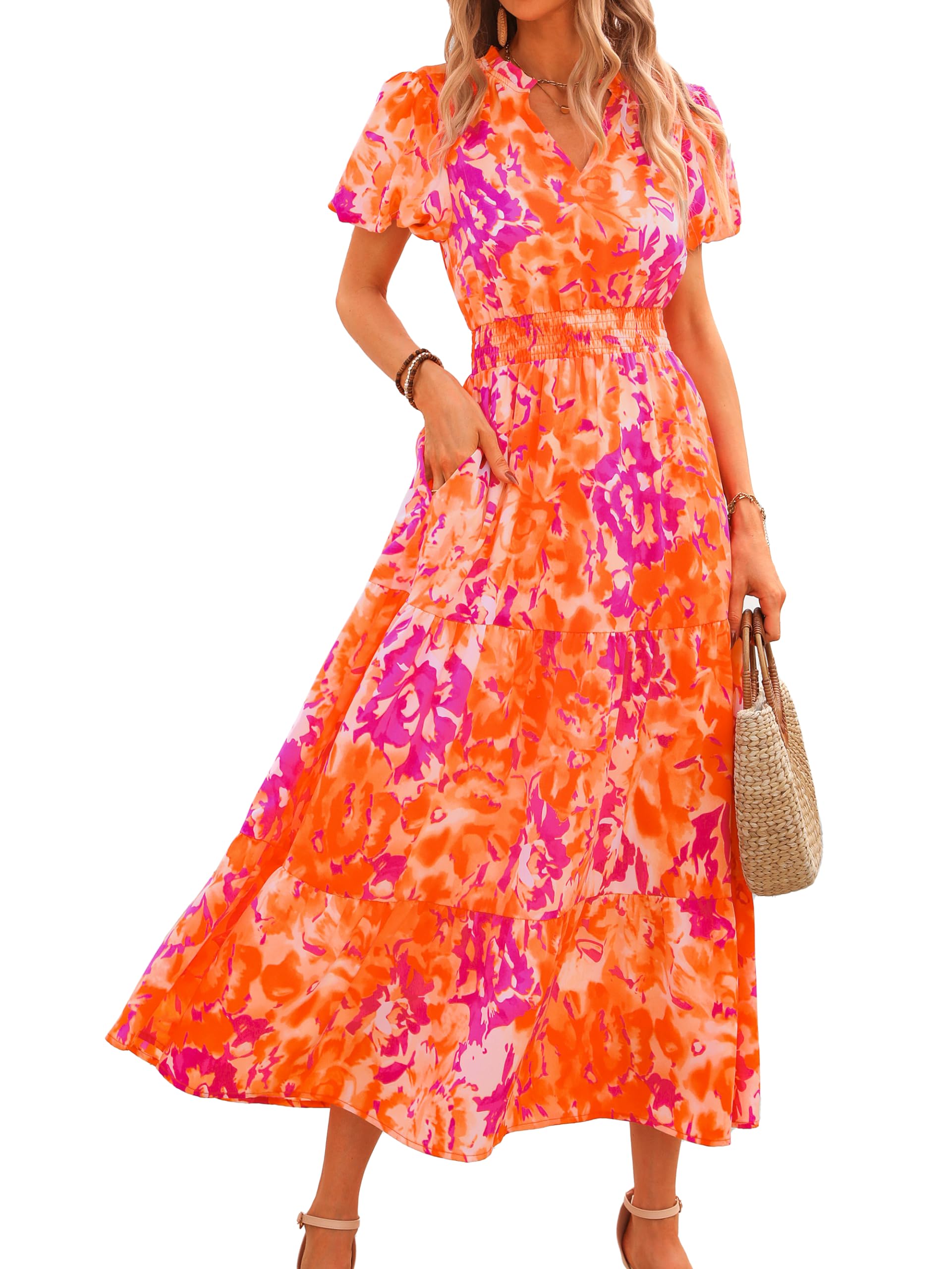 MASCOMODA Summer Maxi Dresses for Women 2026 Casual V Neck Puff Short Sleeve Smocked Flowy Beach Boho Long Floral Dress