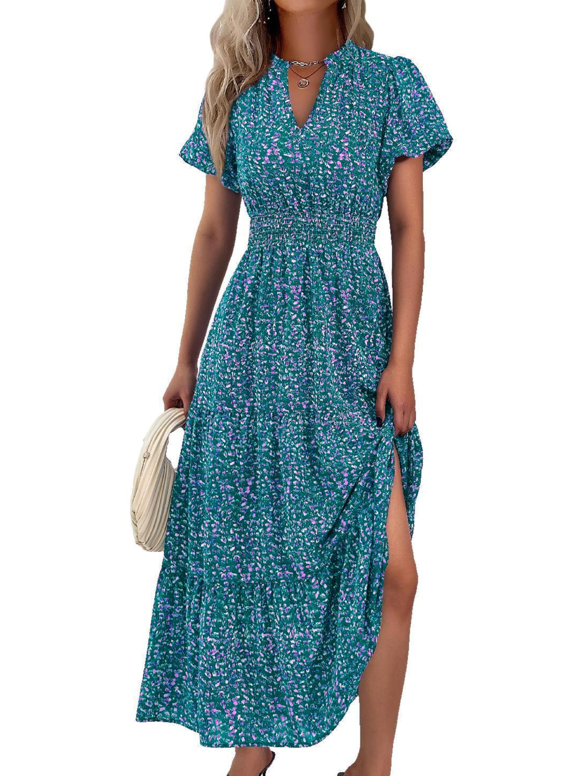 MASCOMODA Summer Maxi Dresses for Women 2026 Casual V Neck Puff Short Sleeve Smocked Flowy Beach Boho Long Floral Dress