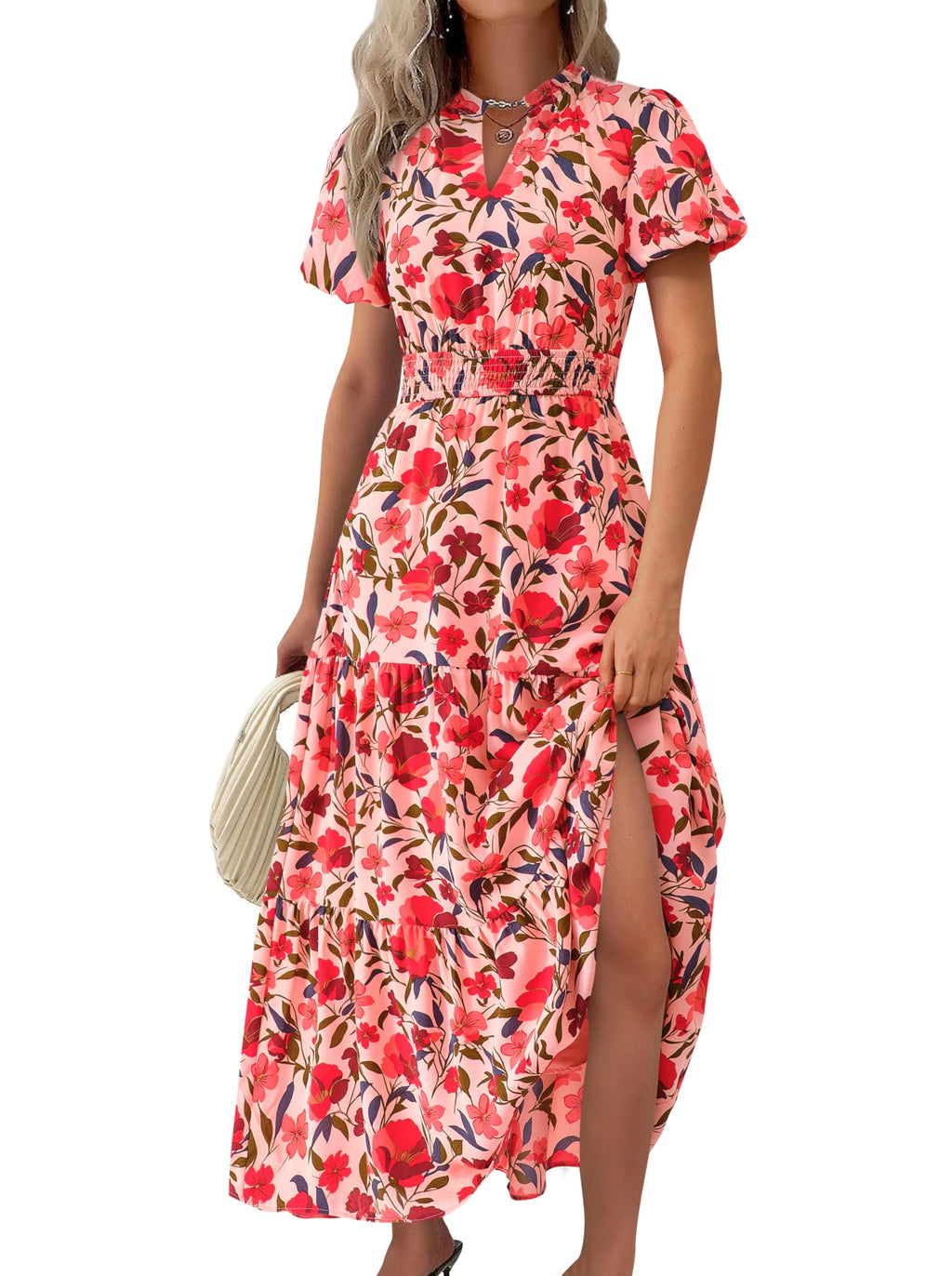MASCOMODA Summer Maxi Dresses for Women 2026 Casual V Neck Puff Short Sleeve Smocked Flowy Beach Boho Long Floral Dress