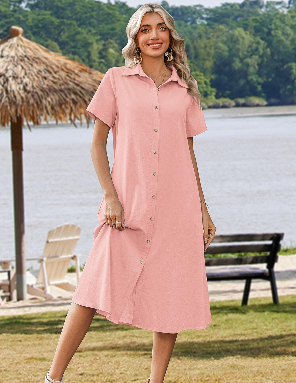 Zeagoo Summer Dresses for Women 2026 Button Down Shirt Dresses Aline Long Sundress Short Sleeve Beach Travel Cover Up