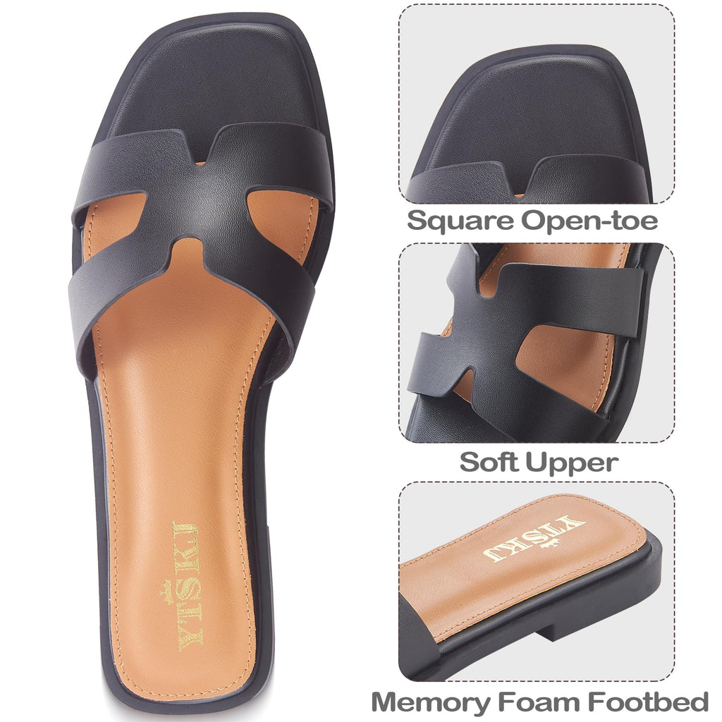 Sandals for Women 2026 Dressy Slides Flat Open Toe Comfortable Soft Leather Slip On Ladies Casual Wide Width Cute Trendy Shoes Summer Beach
