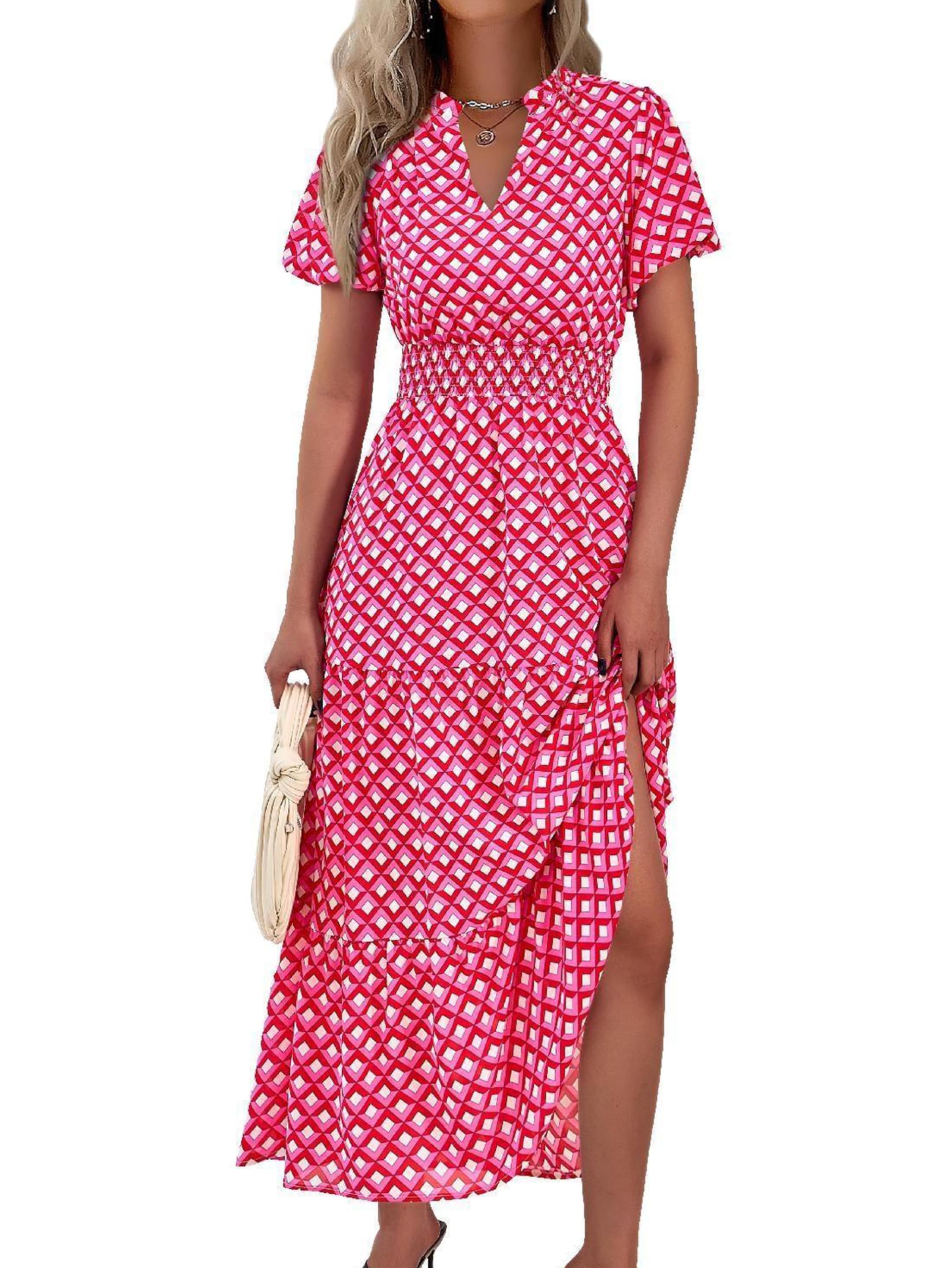 MASCOMODA Summer Maxi Dresses for Women 2026 Casual V Neck Puff Short Sleeve Smocked Flowy Beach Boho Long Floral Dress
