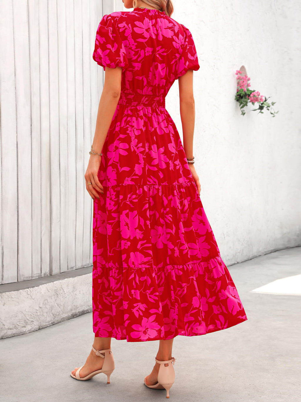 MASCOMODA Summer Maxi Dresses for Women 2026 Casual V Neck Puff Short Sleeve Smocked Flowy Beach Boho Long Floral Dress