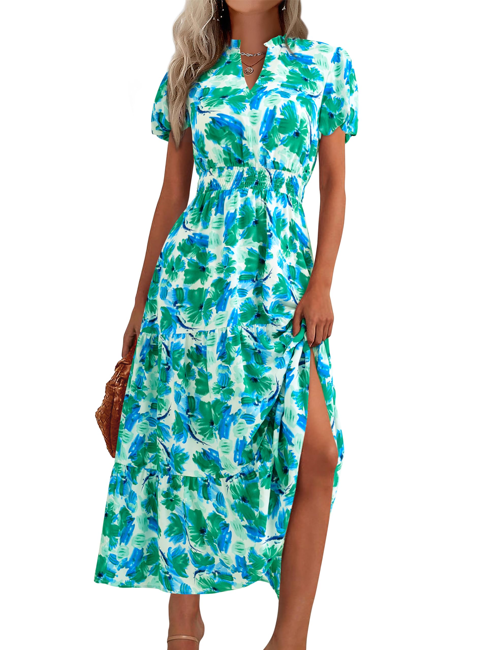 MASCOMODA Summer Maxi Dresses for Women 2026 Casual V Neck Puff Short Sleeve Smocked Flowy Beach Boho Long Floral Dress