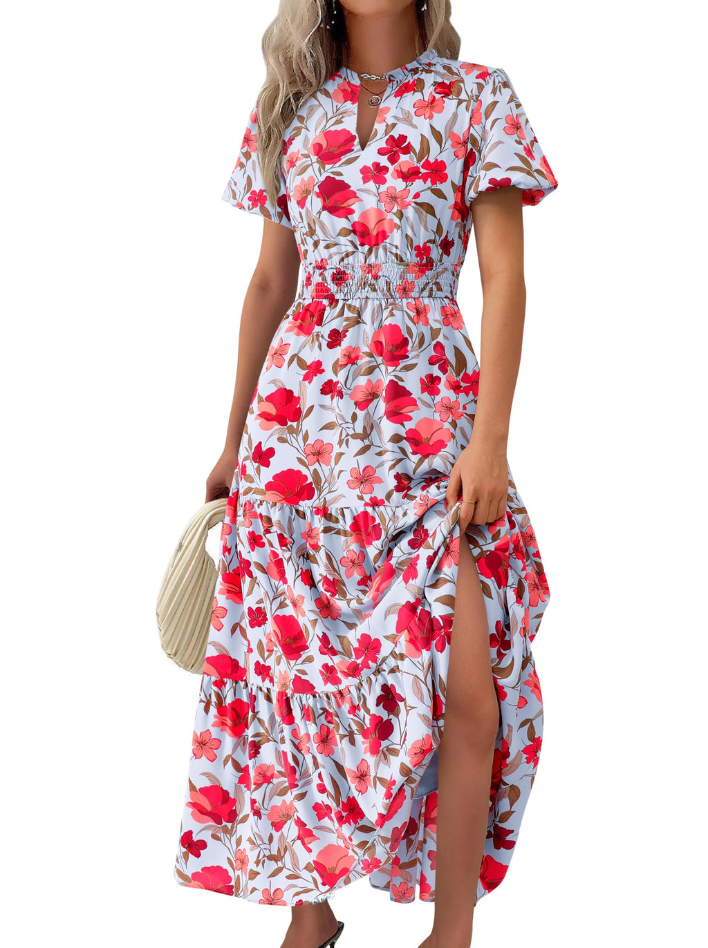 MASCOMODA Summer Maxi Dresses for Women 2026 Casual V Neck Puff Short Sleeve Smocked Flowy Beach Boho Long Floral Dress