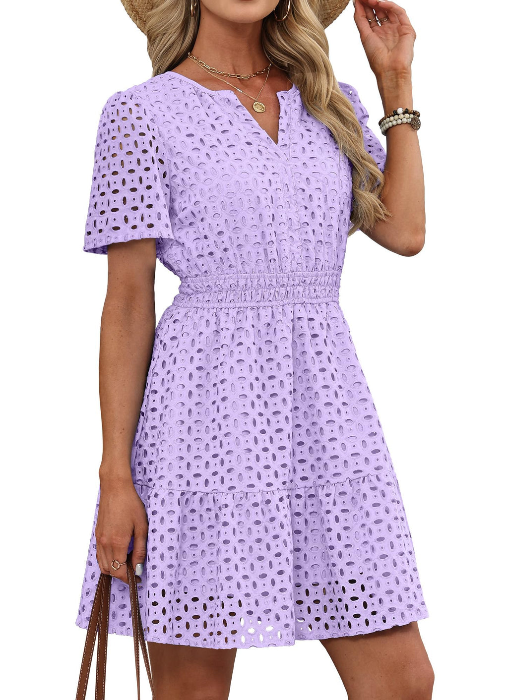 RUMIA Womens Dresses 2026 Summer V Neck Eyelet Lace A Line Short Dress