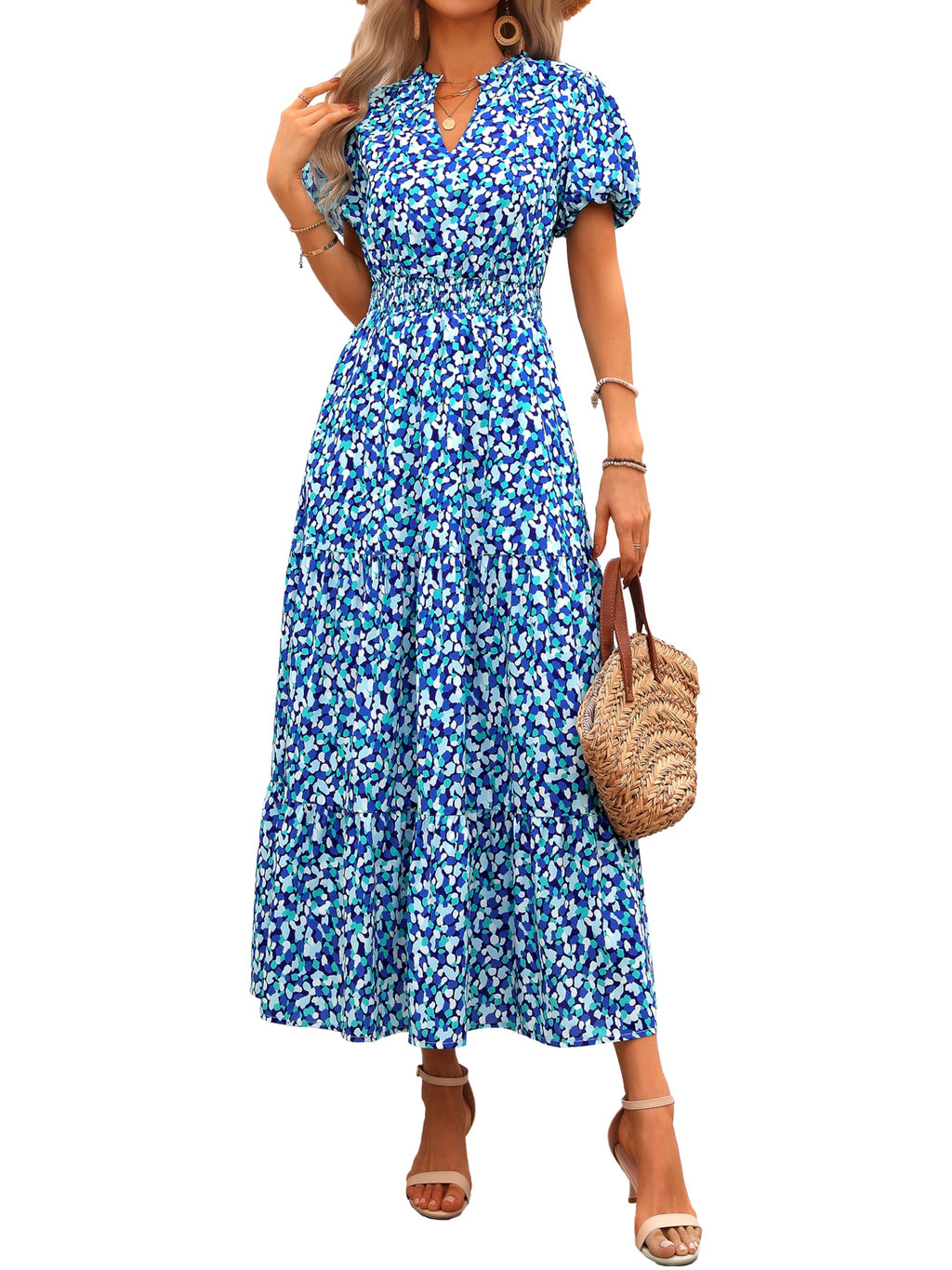 MASCOMODA Summer Maxi Dresses for Women 2026 Casual V Neck Puff Short Sleeve Smocked Flowy Beach Boho Long Floral Dress