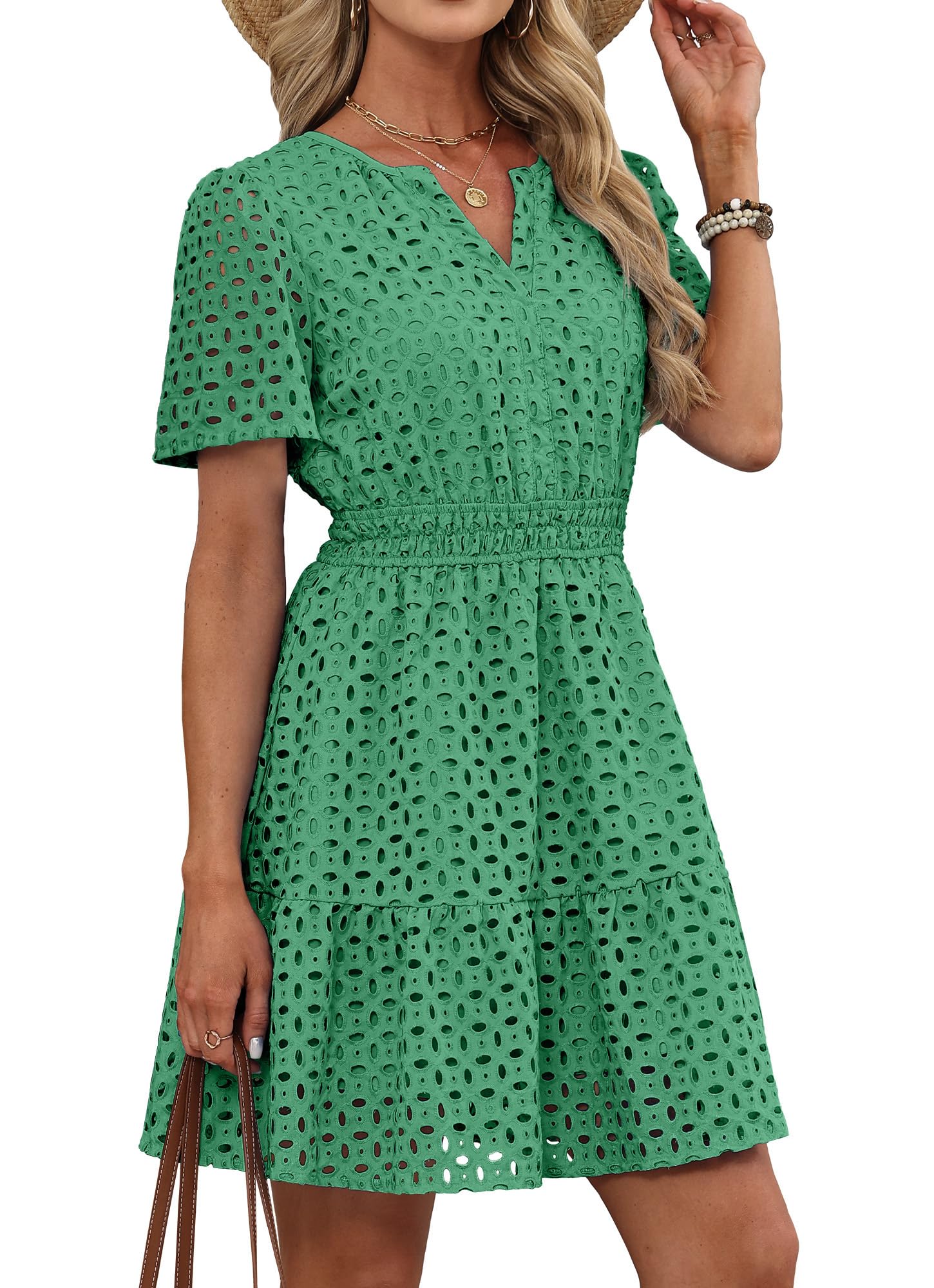 RUMIA Womens Dresses 2026 Summer V Neck Eyelet Lace A Line Short Dress