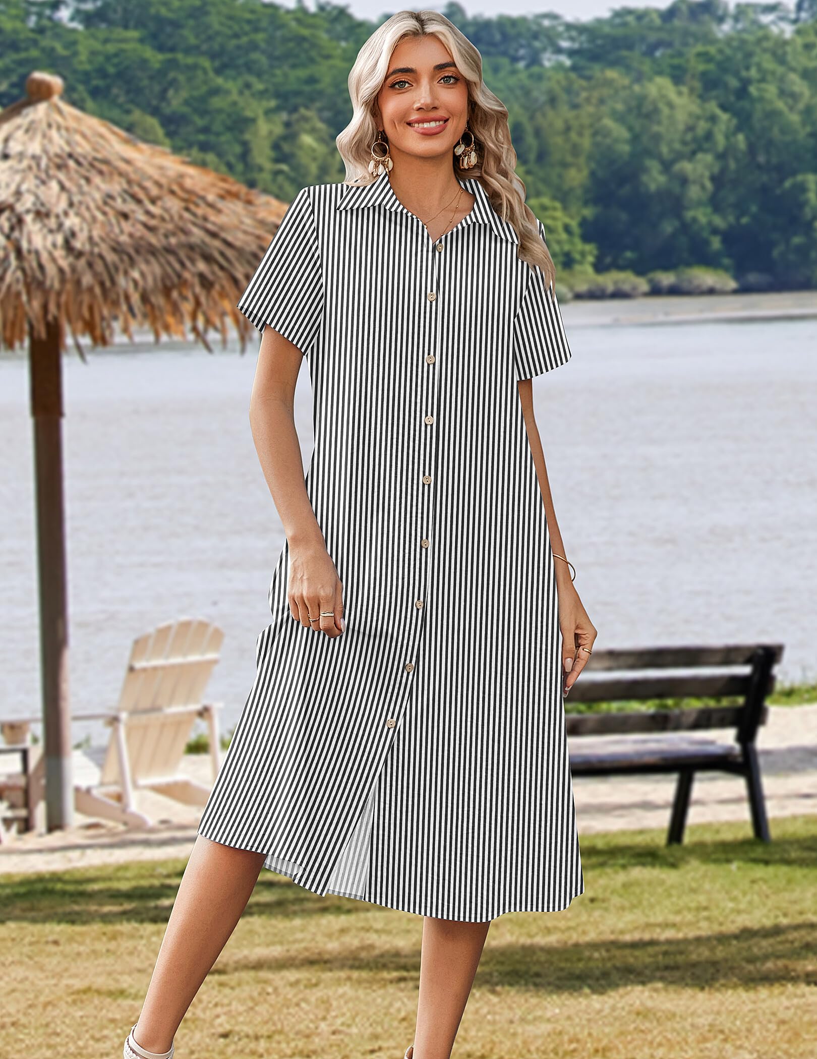Zeagoo Summer Dresses for Women 2026 Button Down Shirt Dresses Aline Long Sundress Short Sleeve Beach Travel Cover Up