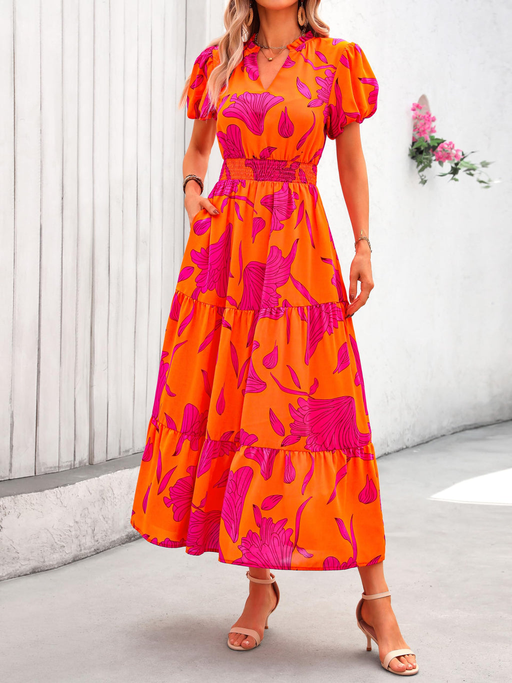 MASCOMODA Summer Maxi Dresses for Women 2026 Casual V Neck Puff Short Sleeve Smocked Flowy Beach Boho Long Floral Dress