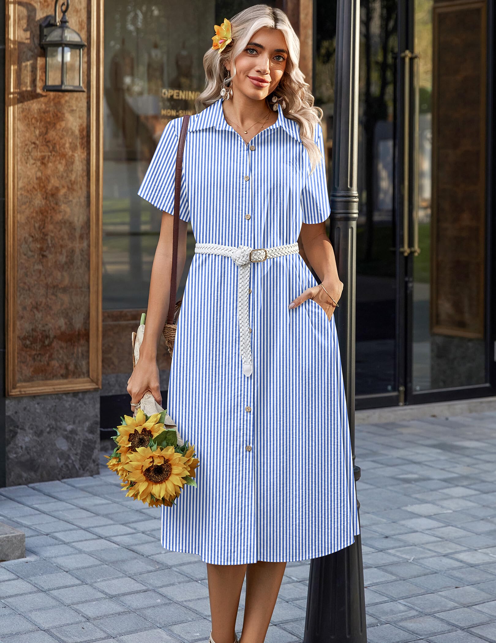 Zeagoo Summer Dresses for Women 2026 Button Down Shirt Dresses Aline Long Sundress Short Sleeve Beach Travel Cover Up
