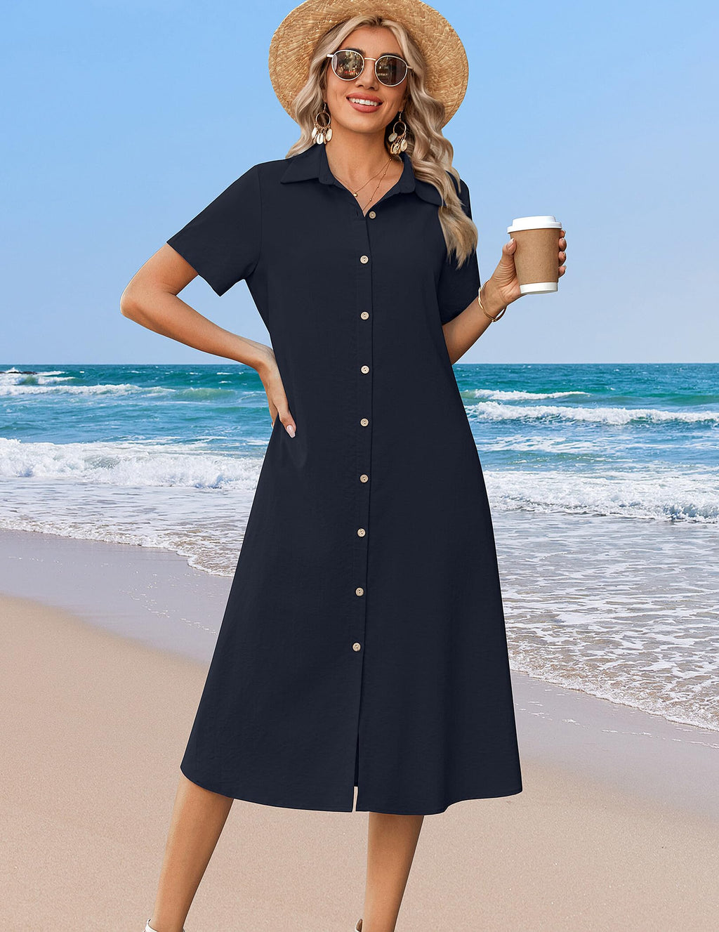 Zeagoo Summer Dresses for Women 2026 Button Down Shirt Dresses Aline Long Sundress Short Sleeve Beach Travel Cover Up