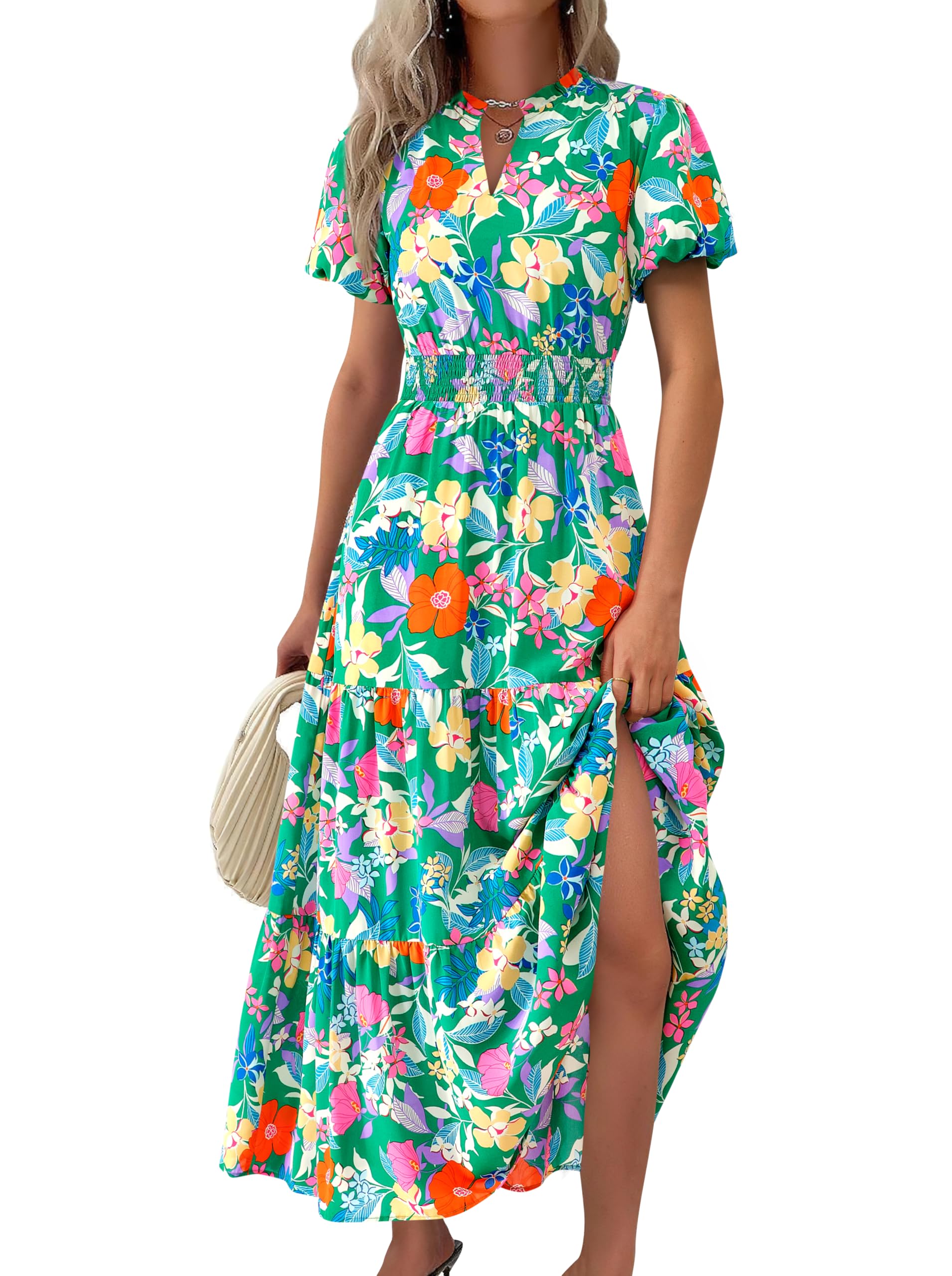 MASCOMODA Summer Maxi Dresses for Women 2026 Casual V Neck Puff Short Sleeve Smocked Flowy Beach Boho Long Floral Dress