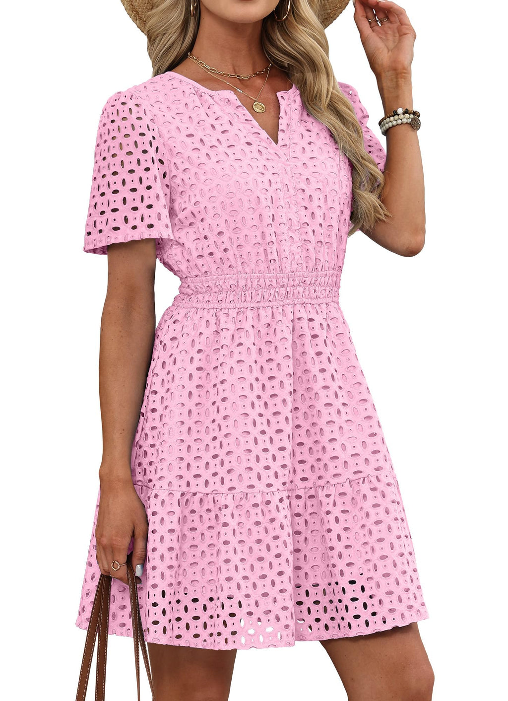 RUMIA Womens Dresses 2026 Summer V Neck Eyelet Lace A Line Short Dress