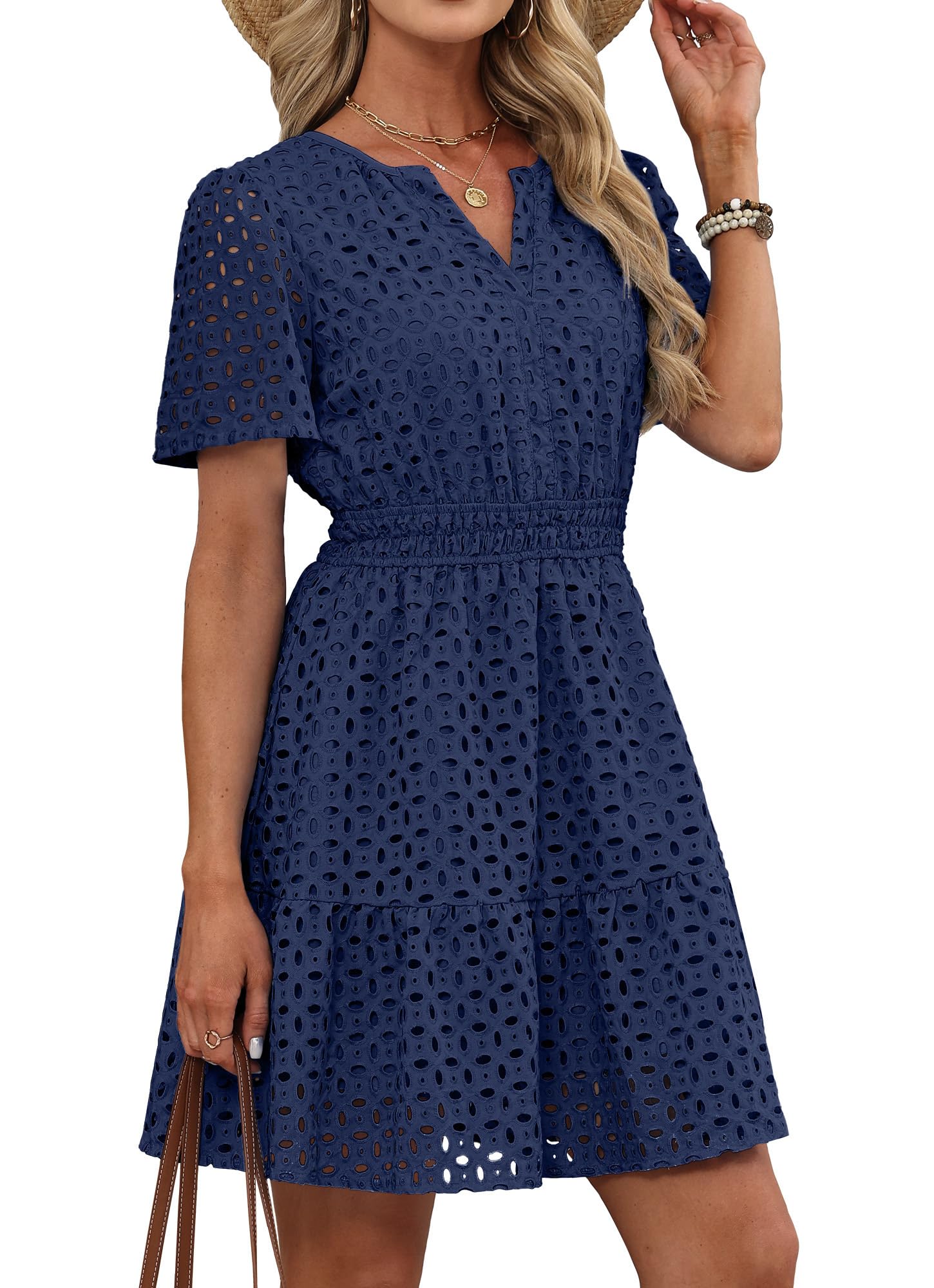 RUMIA Womens Dresses 2026 Summer V Neck Eyelet Lace A Line Short Dress