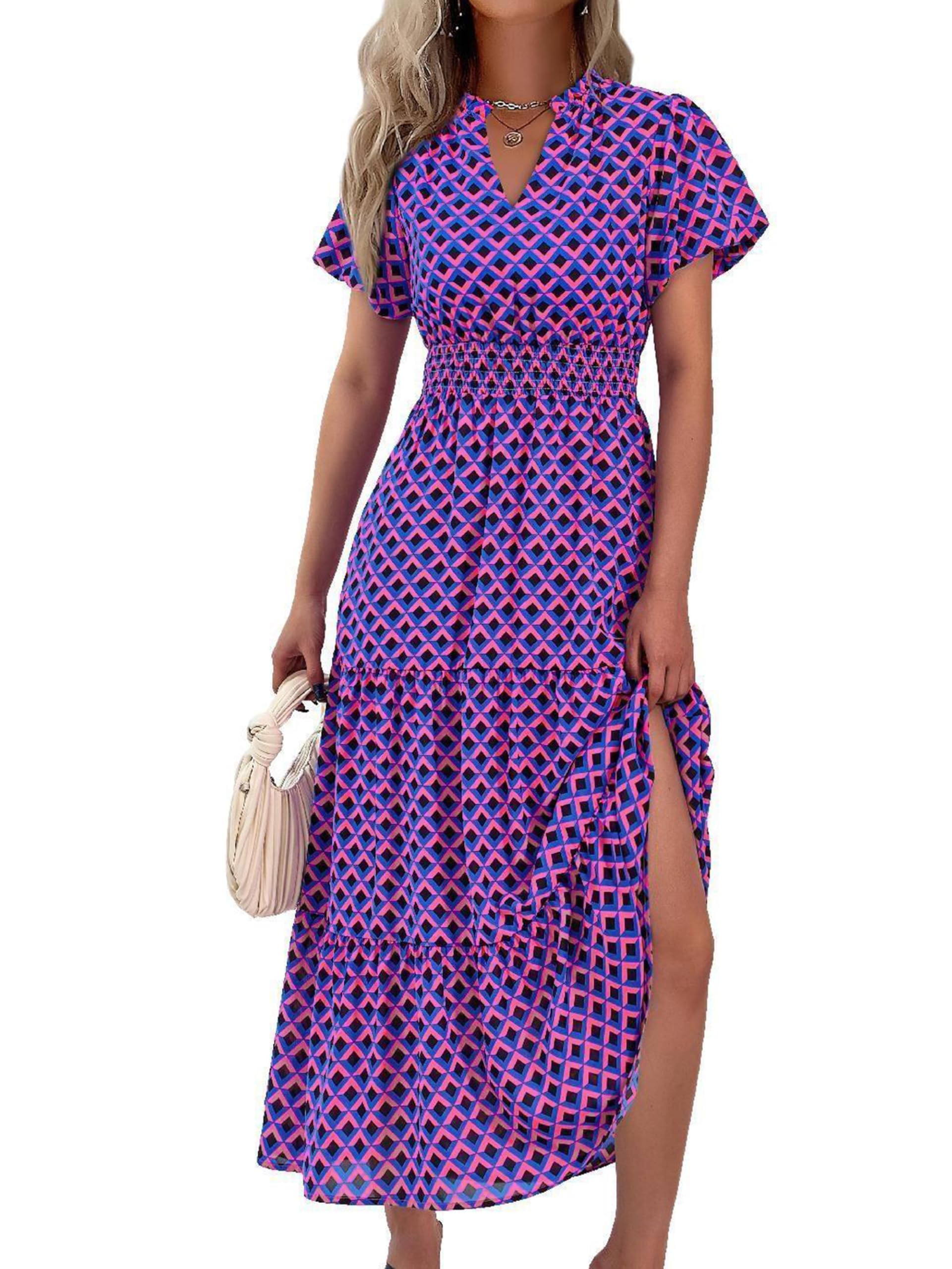 MASCOMODA Summer Maxi Dresses for Women 2026 Casual V Neck Puff Short Sleeve Smocked Flowy Beach Boho Long Floral Dress