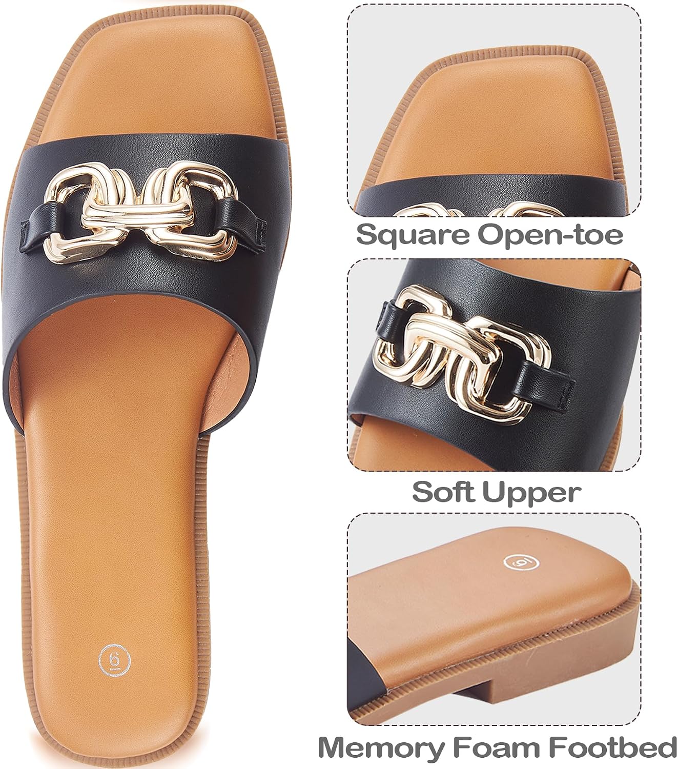 Women's Sandals Square Toe Casual Summer Ladies Slides Cute Beach 2026 Trendy Faux Leather Flat with Golden Chain Size 6-11