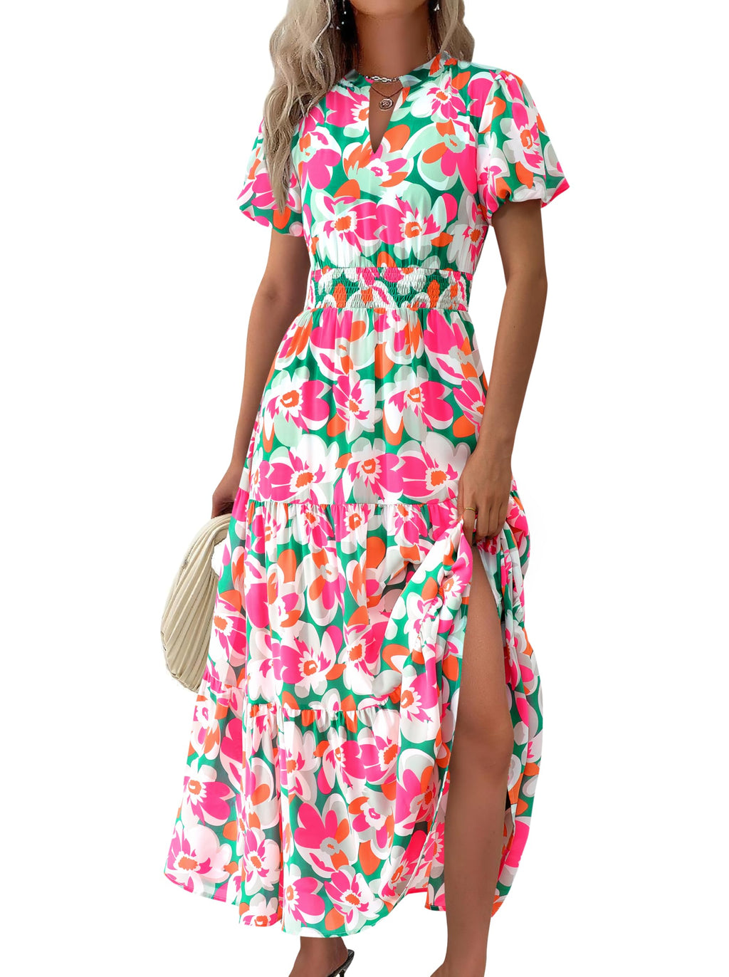 MASCOMODA Summer Maxi Dresses for Women 2026 Casual V Neck Puff Short Sleeve Smocked Flowy Beach Boho Long Floral Dress