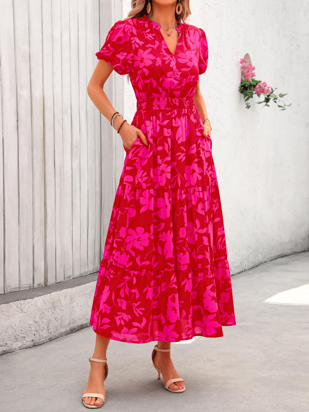 MASCOMODA Summer Maxi Dresses for Women 2026 Casual V Neck Puff Short Sleeve Smocked Flowy Beach Boho Long Floral Dress