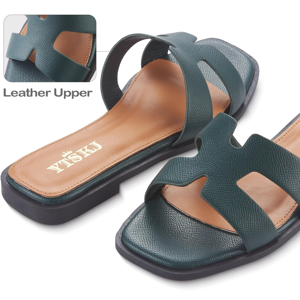 Sandals for Women 2026 Dressy Slides Flat Open Toe Comfortable Soft Leather Slip On Ladies Casual Wide Width Cute Trendy Shoes Summer Beach