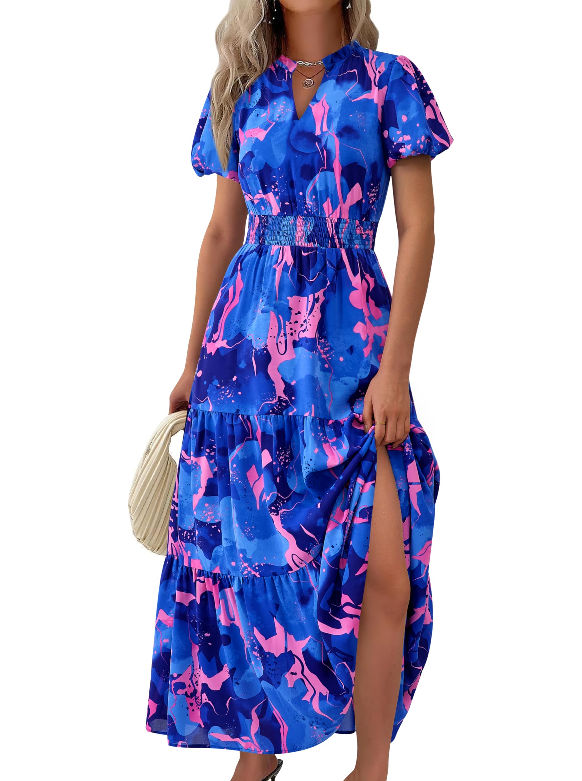 MASCOMODA Summer Maxi Dresses for Women 2026 Casual V Neck Puff Short Sleeve Smocked Flowy Beach Boho Long Floral Dress