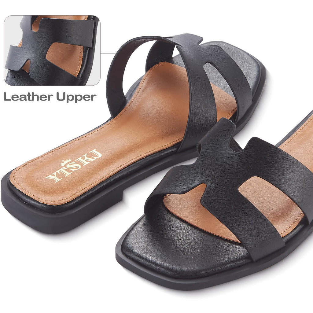 Sandals for Women 2026 Dressy Slides Flat Open Toe Comfortable Soft Leather Slip On Ladies Casual Wide Width Cute Trendy Shoes Summer Beach