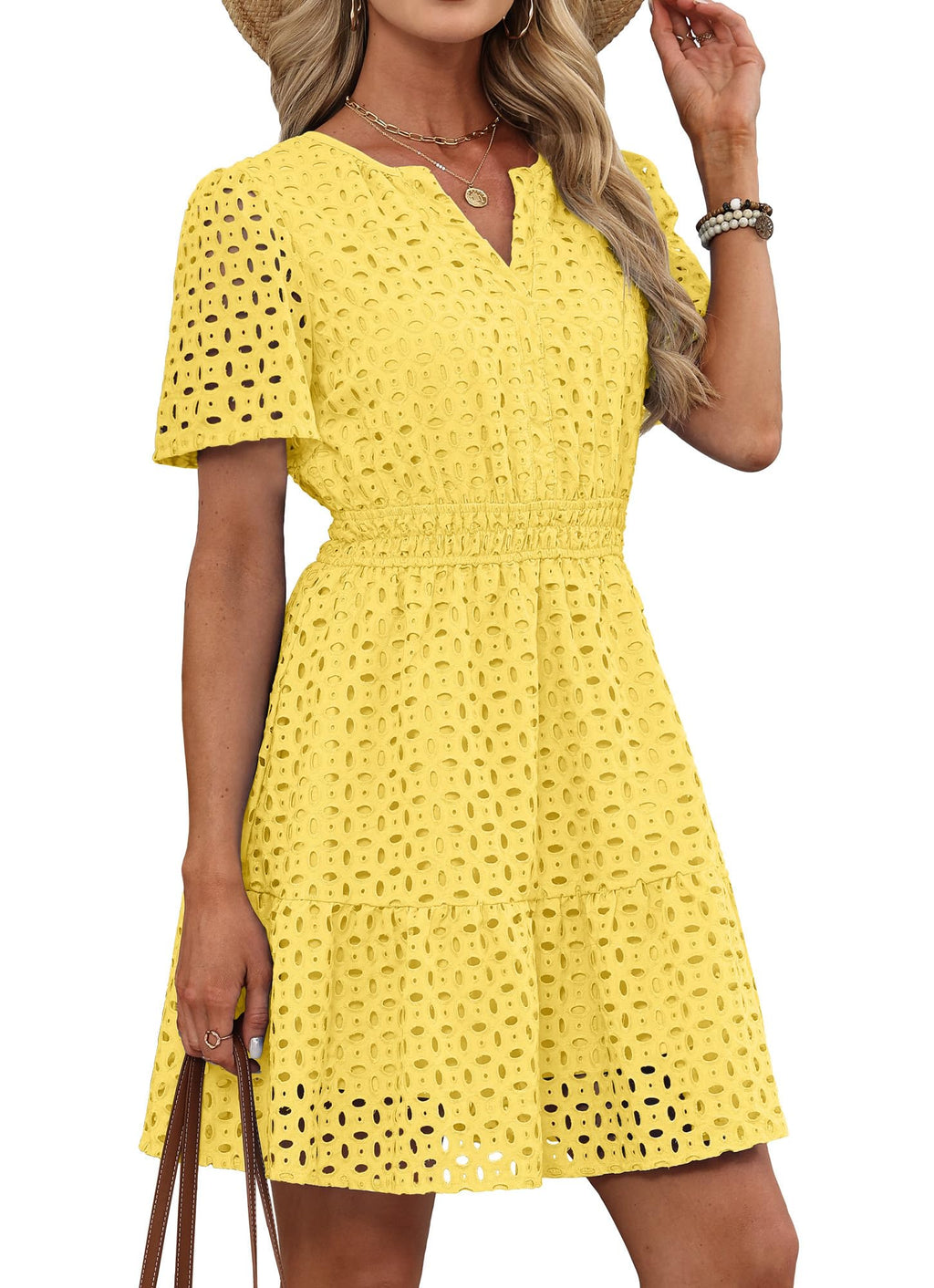 RUMIA Womens Dresses 2026 Summer V Neck Eyelet Lace A Line Short Dress