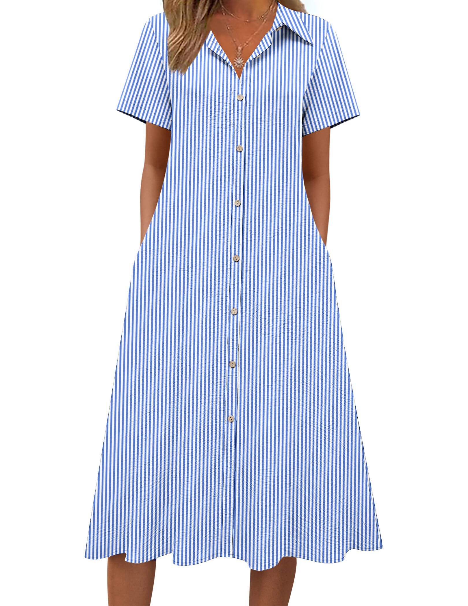 Zeagoo Summer Dresses for Women 2026 Button Down Shirt Dresses Aline Long Sundress Short Sleeve Beach Travel Cover Up
