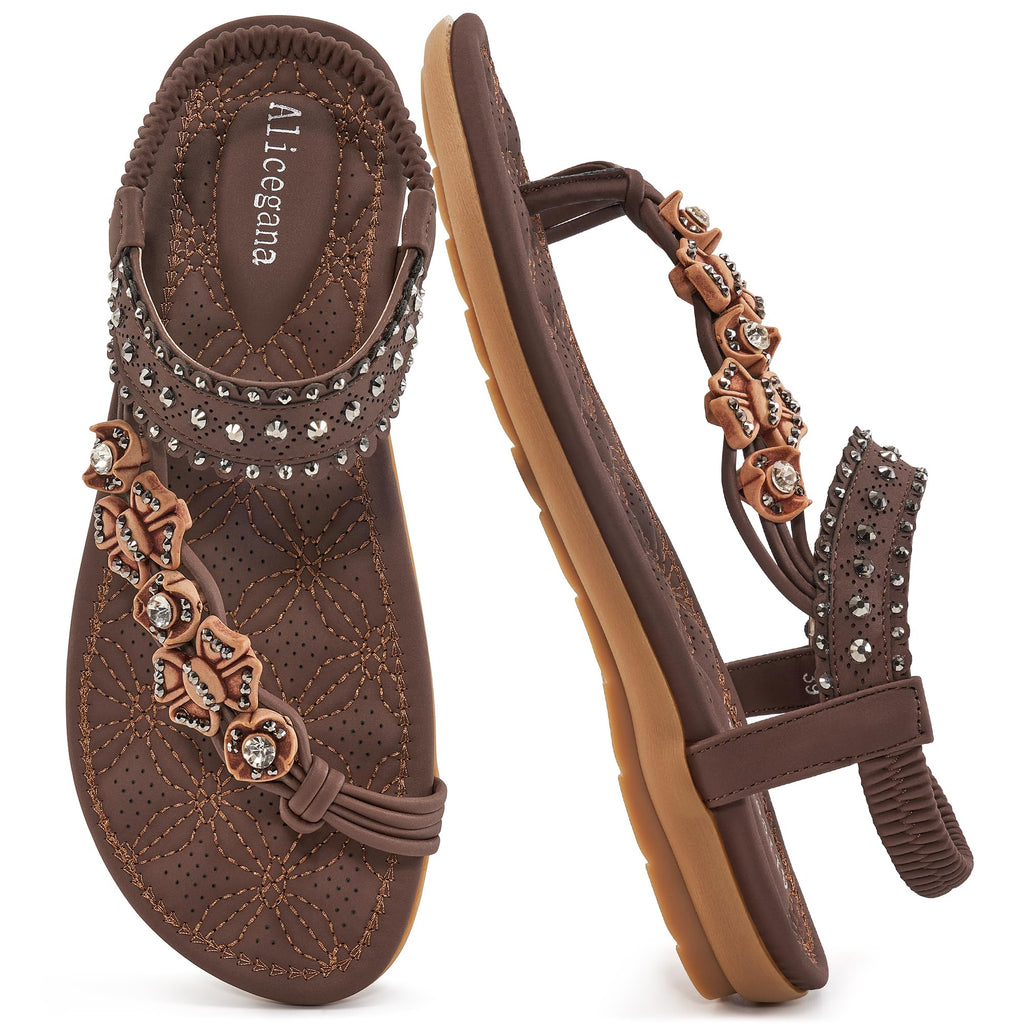 Alicegana Womens Sandals Dressy Flats: Bohemian Summer Comfortable Split Toe Shoes Walking Vacation Gladiator 2026