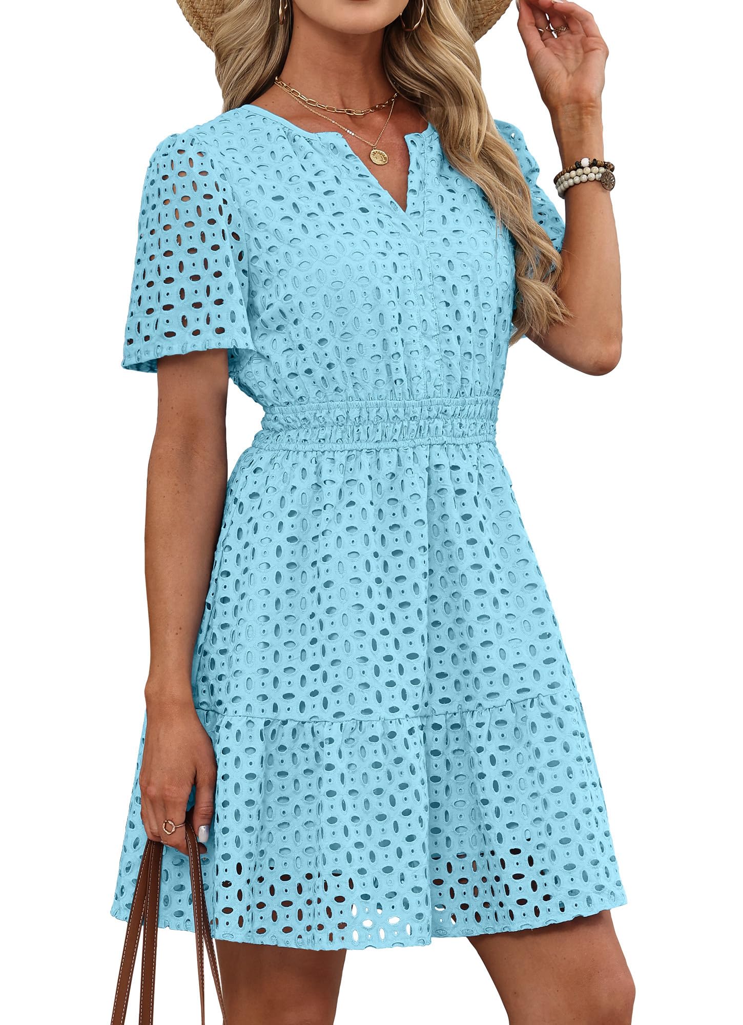 RUMIA Womens Dresses 2026 Summer V Neck Eyelet Lace A Line Short Dress