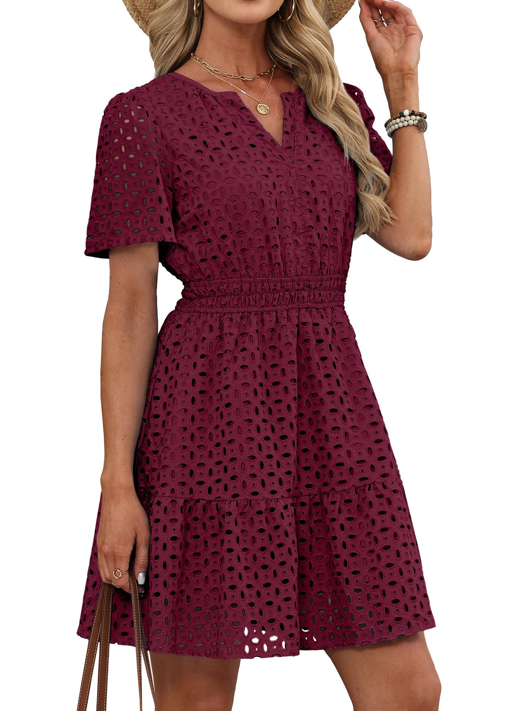 RUMIA Womens Dresses 2026 Summer V Neck Eyelet Lace A Line Short Dress