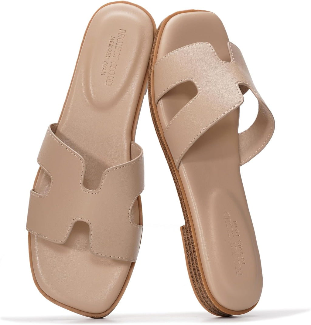 Project Cloud 100% Genuine Leather Sandals for Women 2026 - Fashion Flat Womens Sandals with Memory Foam Insole Slides Sandals Women Footwear - Mules Women's Sandals (Jannel)