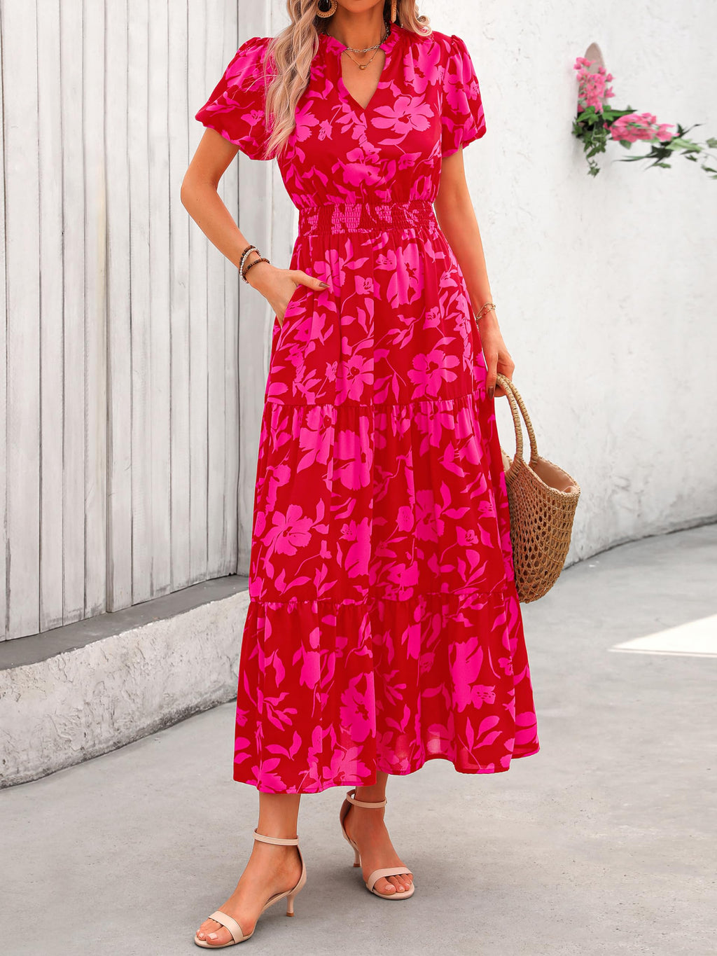 MASCOMODA Summer Maxi Dresses for Women 2026 Casual V Neck Puff Short Sleeve Smocked Flowy Beach Boho Long Floral Dress
