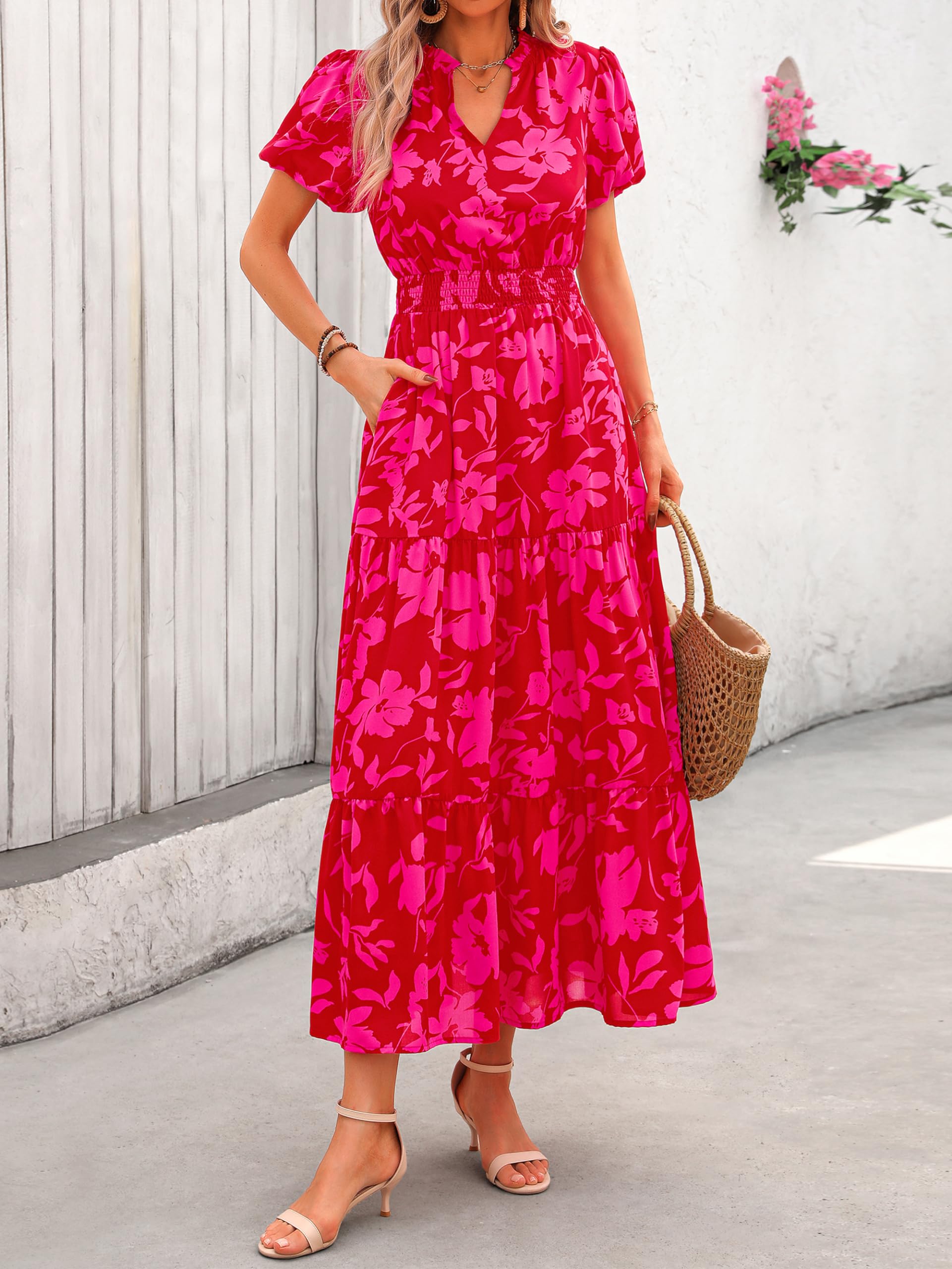 MASCOMODA Summer Maxi Dresses for Women 2026 Casual V Neck Puff Short Sleeve Smocked Flowy Beach Boho Long Floral Dress