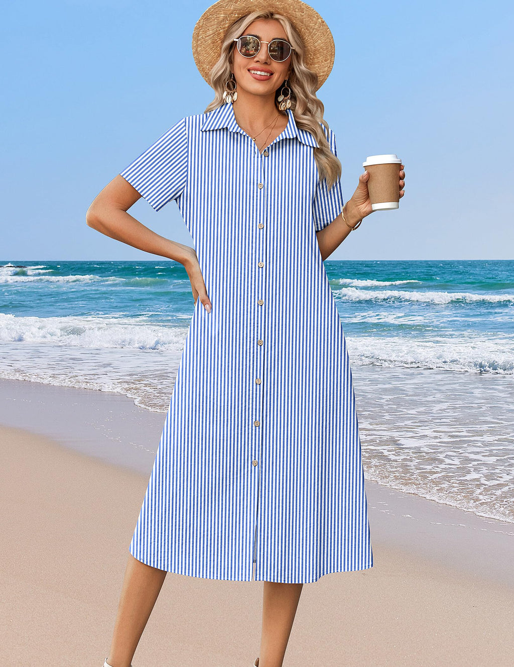 Zeagoo Summer Dresses for Women 2026 Button Down Shirt Dresses Aline Long Sundress Short Sleeve Beach Travel Cover Up