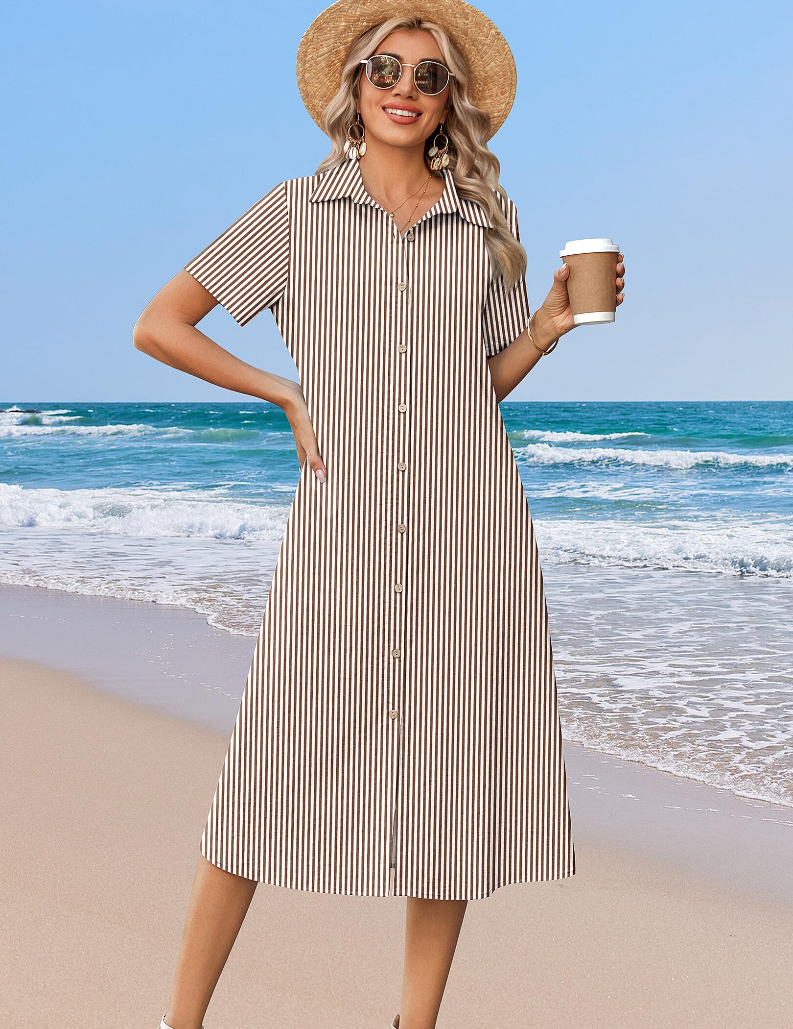Zeagoo Summer Dresses for Women 2026 Button Down Shirt Dresses Aline Long Sundress Short Sleeve Beach Travel Cover Up