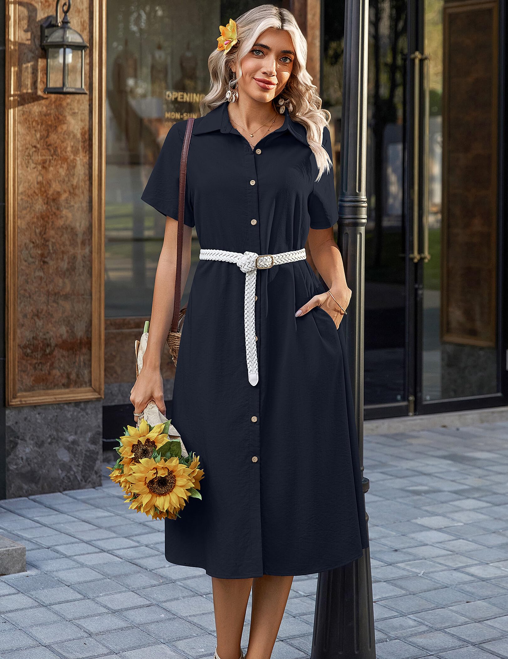 Zeagoo Summer Dresses for Women 2026 Button Down Shirt Dresses Aline Long Sundress Short Sleeve Beach Travel Cover Up