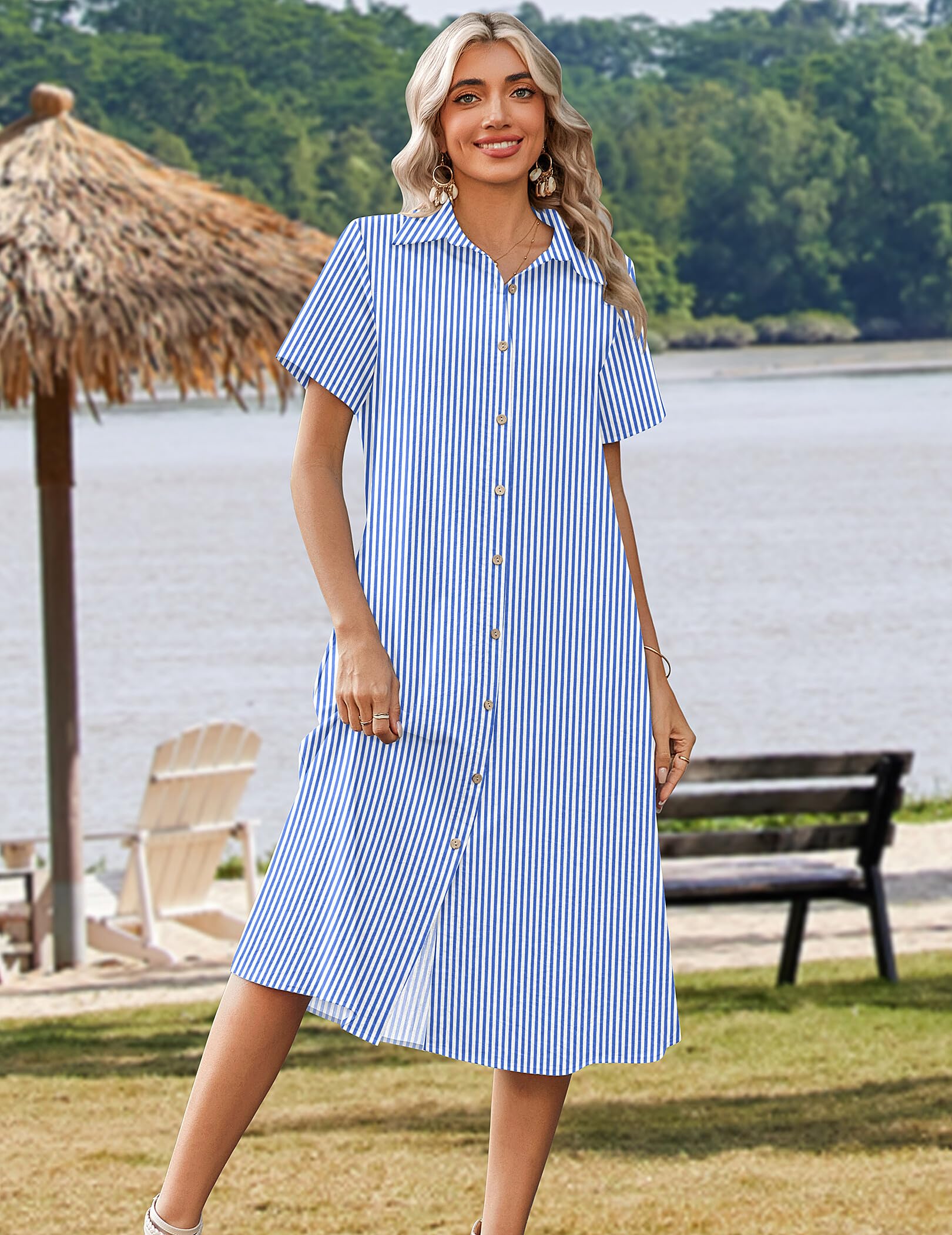 Zeagoo Summer Dresses for Women 2026 Button Down Shirt Dresses Aline Long Sundress Short Sleeve Beach Travel Cover Up