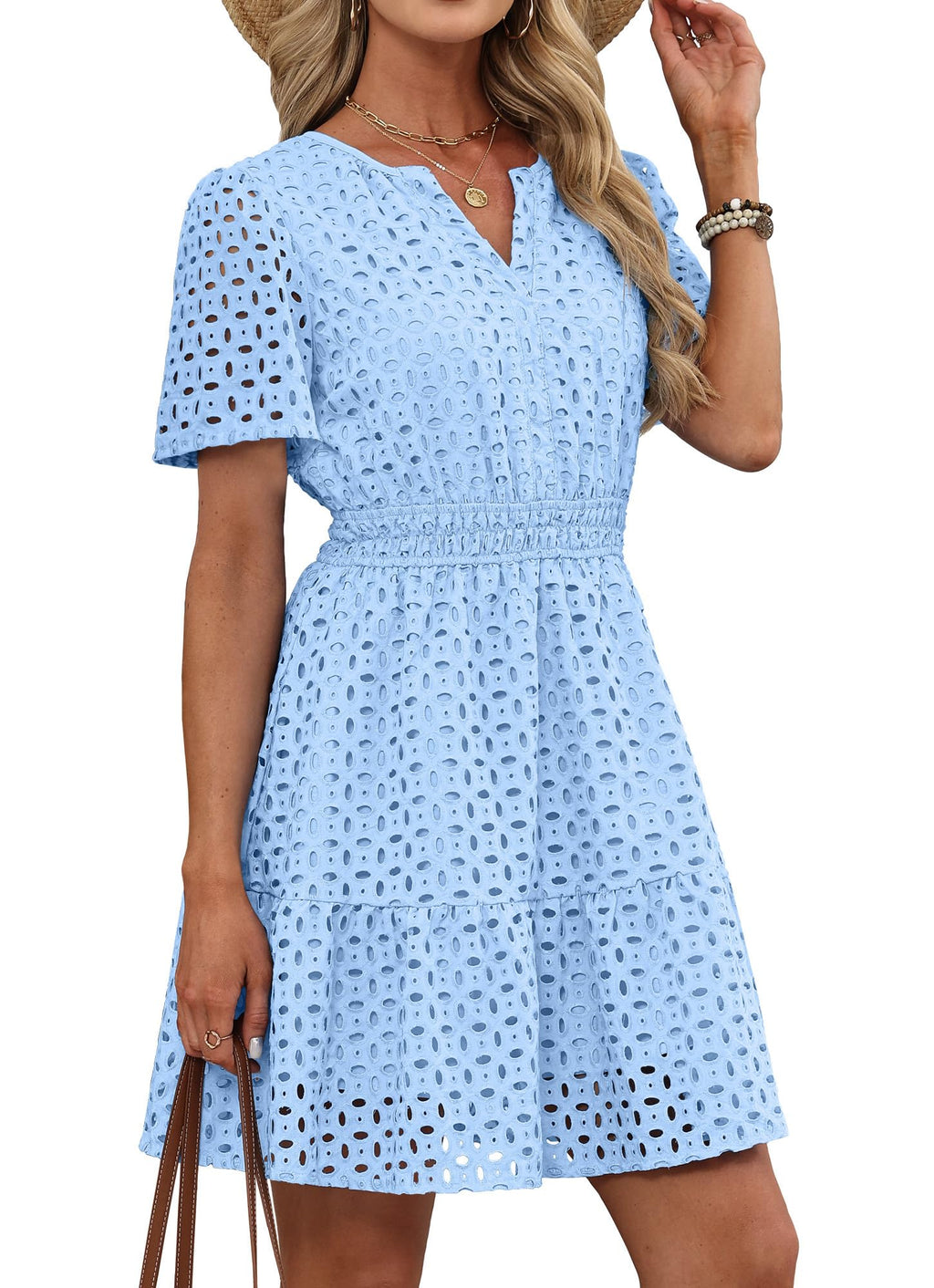 RUMIA Womens Dresses 2026 Summer V Neck Eyelet Lace A Line Short Dress
