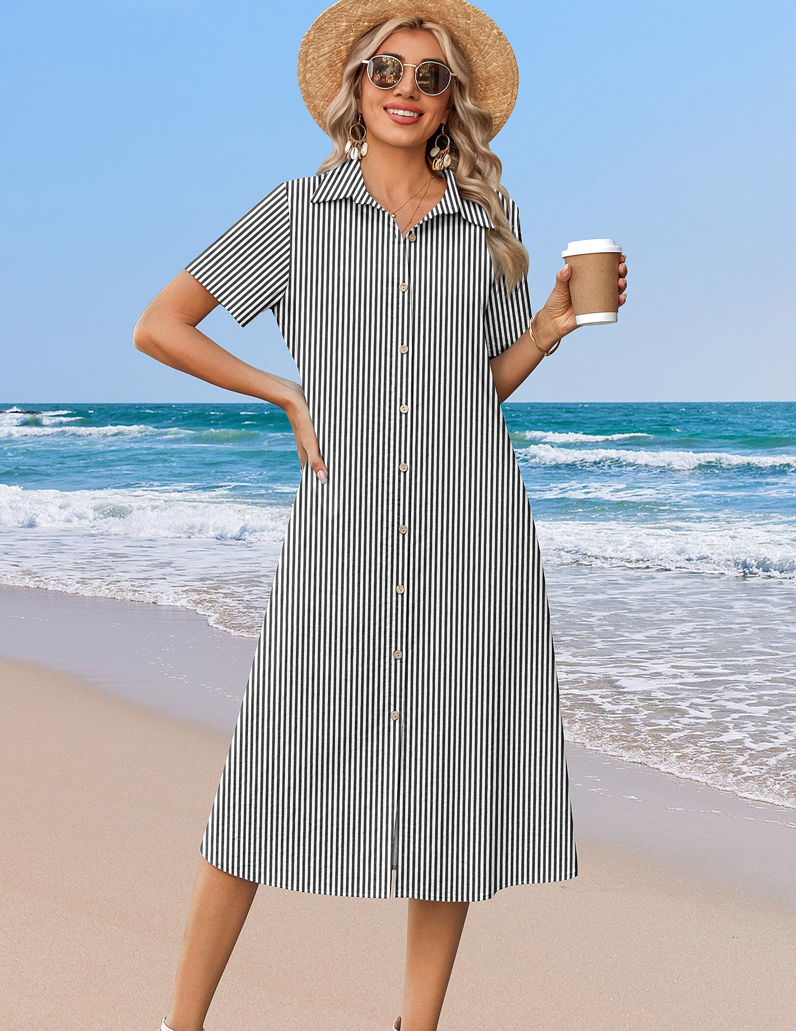 Zeagoo Summer Dresses for Women 2026 Button Down Shirt Dresses Aline Long Sundress Short Sleeve Beach Travel Cover Up