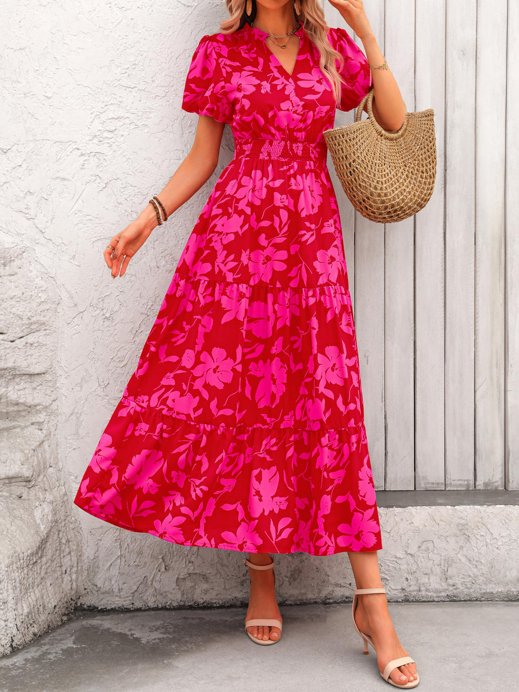 MASCOMODA Summer Maxi Dresses for Women 2026 Casual V Neck Puff Short Sleeve Smocked Flowy Beach Boho Long Floral Dress